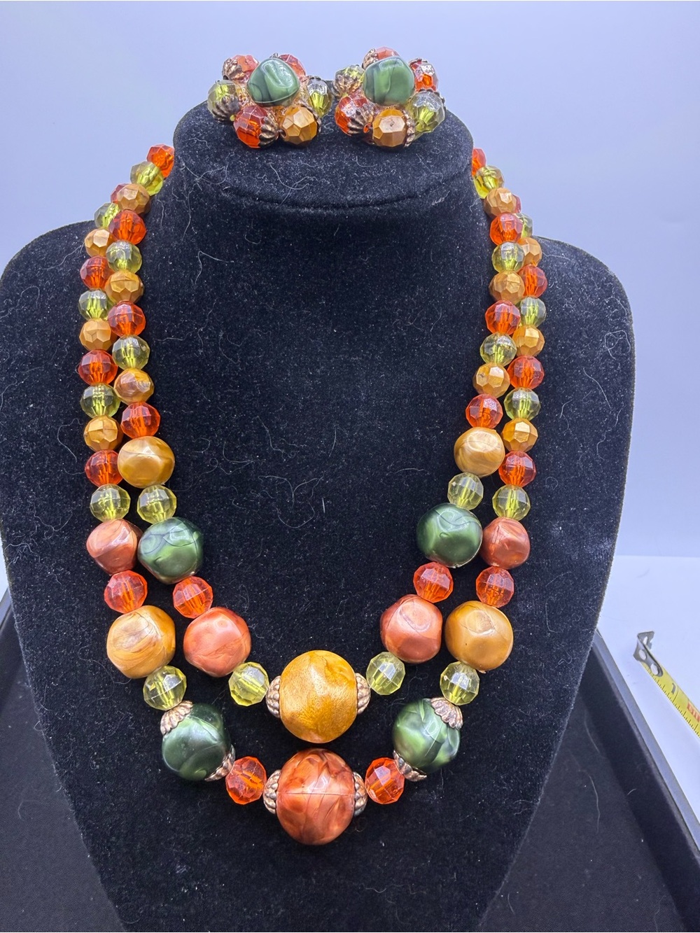 Vintage Japan Colorful Beaded Necklace 17β & Clip Earrings Set